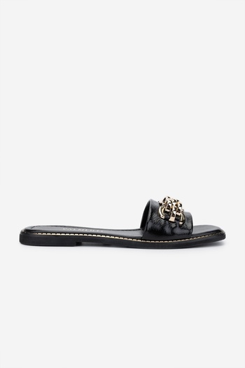 Valmenti Women's Genuine Leather Black Patent Leather Flat Slippers