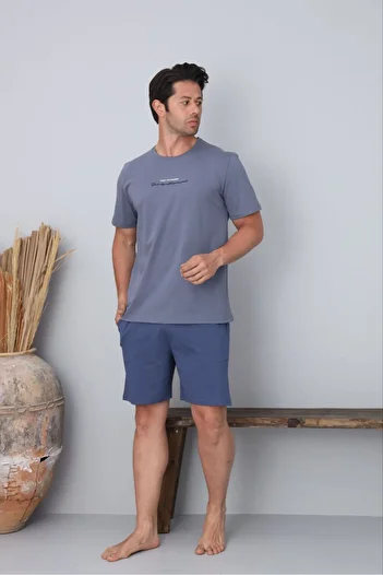 FORMO Men's 100% Organic Cotton Anthracite Short Sleeve Natural Pajama Set with Shorts