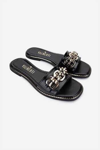 Valmenti Women's Genuine Leather Black Patent Leather Flat Slippers