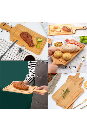 PUFO Platou din lemn de bambus cu mâner pentru servirea mâncării, aperitivelor, pizzei, 40 x 16 cm, maro