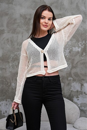 BlueTex Women's Pearl Buttoned Summer Openwork Cardigan Knitwear