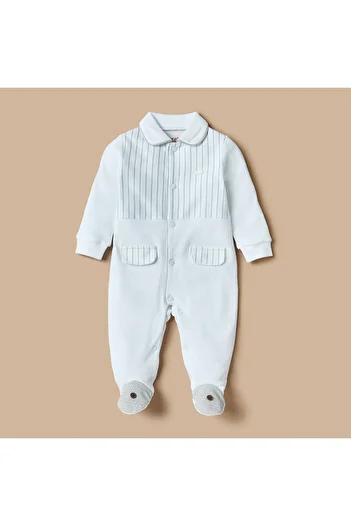 giggles Striped Closed Feet Sleepsuit with Collar and Long Sleeves