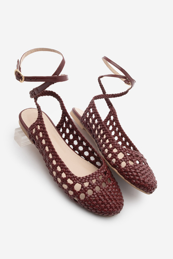 Marjin Women's Ankle Strap Open Back Hand Braided Ballerina Ballerina Bedar Claret Red