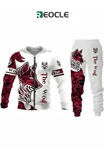 REOCLE Men's 2 Pcs Hoodie Set Sweatshirt Suit 3D Printed Long Sleeve Hoodie Trackpant Casual Suit