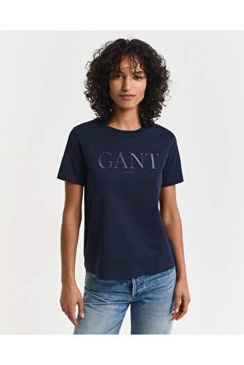 Gant Kadın Lacivert Regular Fit Bisiklet Yaka Logolu T-Shirt