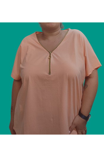 Barato V-Neck Zipper Detailed Plus Size Cotton Fabric Premium Blouse