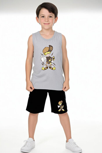 FYK KİDS Boy's Printed Zero Sleeve Skateboarding Top-Bottom Suit