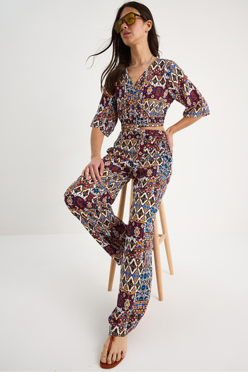 Bianco Lucci Women's Patterned Crop Blouse Trousers Set 3052 60283353