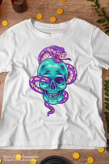 StoryGift Romania Men's T-shirt With Snake, Skull, Fangs, Teeth, Spots, Reptile, With Print On The Face, 100% Bstg