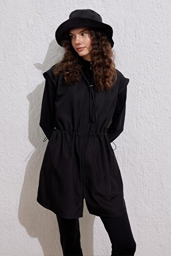 KADRİYE BAŞTÜRK Parachute Waist Drawstring Zippered Hijab Swimsuit Suit Black