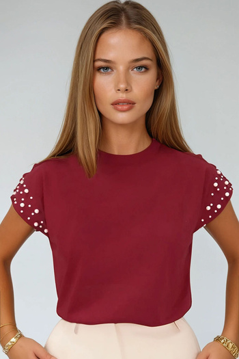 VAGGON Women's Burgundy Crew Neck Pearl Studded Tank Top Prmx13522