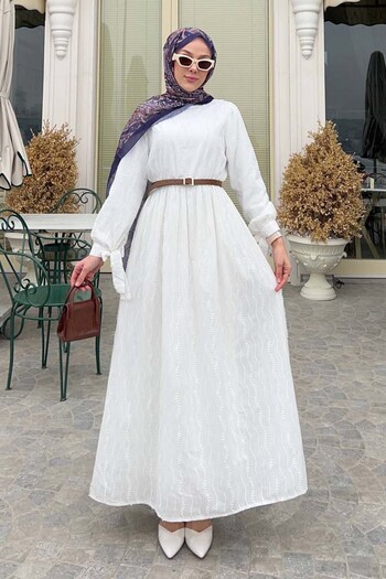 benguen Λεπτομερές Φόρεμα Hijab Guipure Λευκό 1008-1