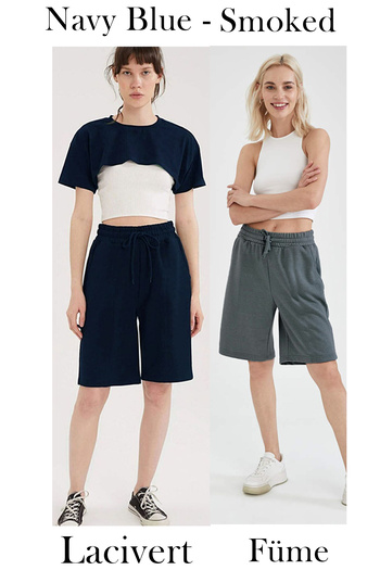 OXVİN 2' Pack Comfort Label Lace-Up Oversize Long Women's Bermuda Shorts (Navy Blue - Smoked)