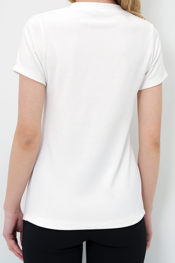 VAGGON Women's White Crew Neck Gold Button Detailed Slit Ottoban Blouse Prmx14169