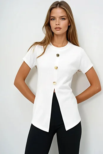 VAGGON Women's White Crew Neck Gold Button Detailed Slit Ottoban Blouse Prmx14169
