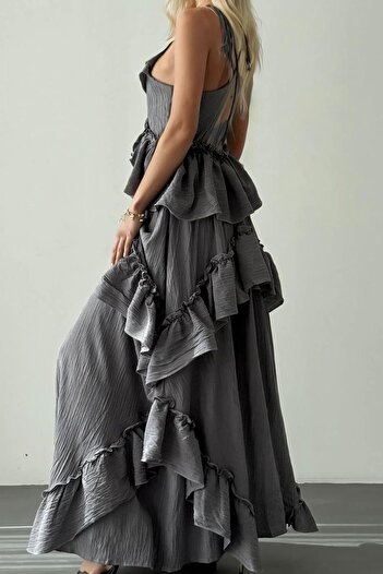FASHION COCKTAIL Frilly Volume Wavy Moving Slitless Maxi Long Summer Beach Vacation Dress with Rope Binding Straps