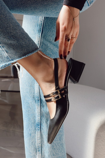 POLKA STORE Viva Double Banded Gold Metal Big Buckle Detailed Open Back Pointed Toe Short Heeled Shoes