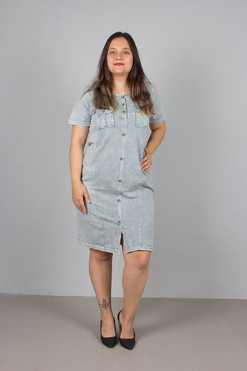 Truva XXL Plus Size Gray Front Button Washed Dress