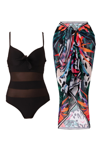 CUPSEA Women's Black Tulle Detailed Covered Swimsuit (Supported) Lana-Black Leo Leaf Pattern Pareo Set of 2