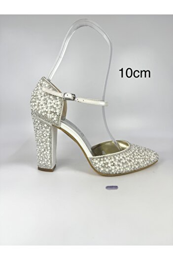 E&L Company 10cm İncili gelin ayakkabısı. Kırık beyaz inci beyazı.