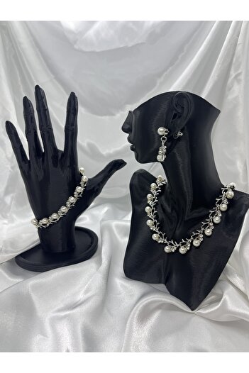 Yıldız Accessory Pearl Cubic Zirconia Set of 3 (Necklace, Bracelet and Double Earrings)
