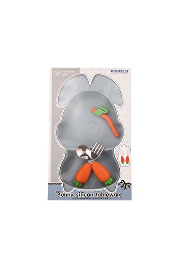 OEM Silicone baby diversification set, 26 x 15 cm, 1 rabbit-shaped compartmentalized plate,