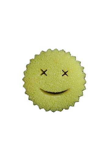 Flippy Dish Sponge, Flippy, Round, PU Sponge, Smiley Face Pattern, Two Sides, 10 x 4 cm, Yellow