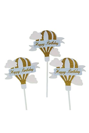 Flippy Set 3 Cake Toppers, Flippy, Hot Air Balloon Model 'Happy Birthday', Blue