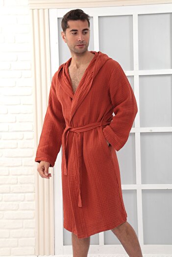 Almir Home Hooded 4 Layer Muslin Bathrobe Unisex Tile Color