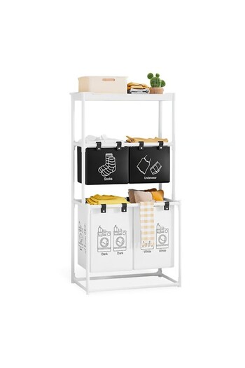 Flippy Laundry Basket, 3 Shelves, 4 Baskets, Stainless Steel Frame, 123x28x57 cm, White
