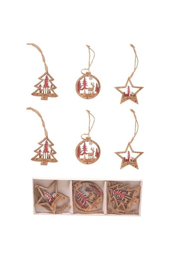 Flippy 6 Wooden Christmas Decorations, Flippy, with String for Hanging on the Tree, Tree, Red
