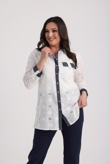 By Saygı Women's Denim Combination Large Size Scalloped Shirt