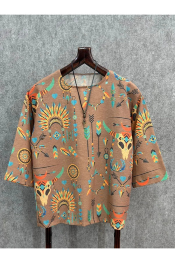 FıttingRoom Oversize Patterned Cotton Linen Bohemian Tshirt