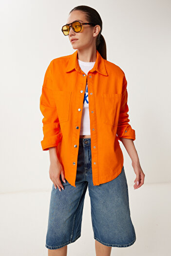 Happiness İstanbul Women's Orange Snap Fastener Seasonal Gabardine Shirt Jacket Sa00043