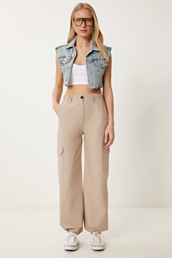 Happiness İstanbul Women's Beige Pocket Woven Cargo Pants Mx00188