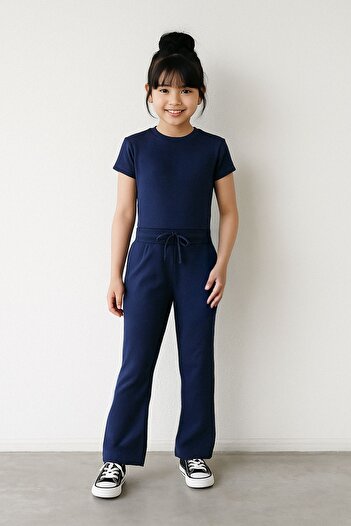 TRENDYOLKIDS Navy Blue 100% Cotton Plain Stretchy Tshirt and Flare/Spanish Leg Leggings Knitted Bottom-Top Set Tkdss25Au00136