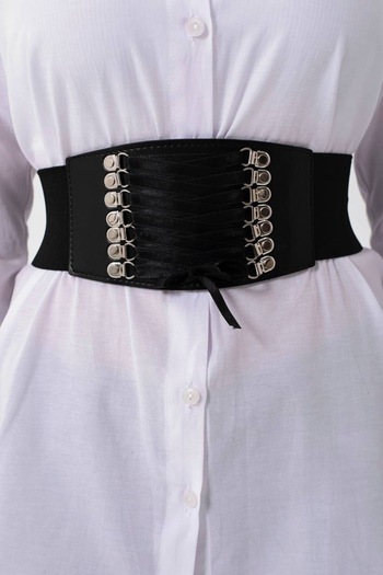 Damla Women's Black Elastic Corset Belt with Silver Accessories, Dress Belt, Shirt and Jacket Belt