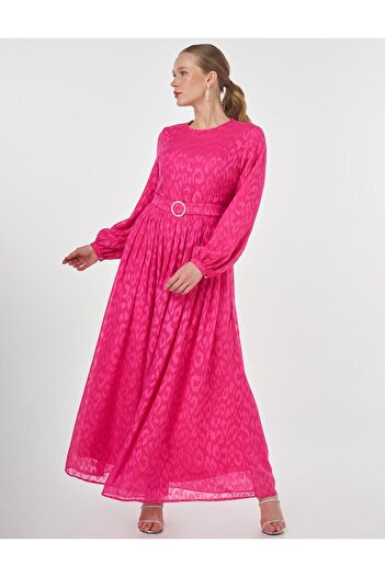 Kayra Jacquard Dress with Metal Accessories Fuchsia