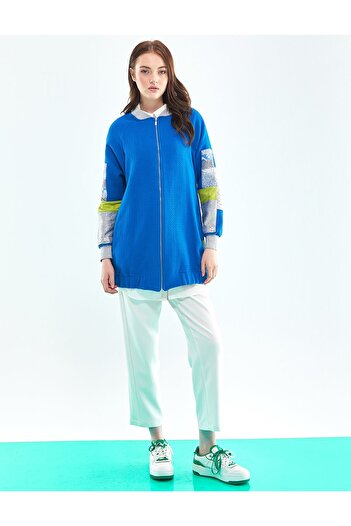 Kayra Zipper Closure Tweed Jacket Blue