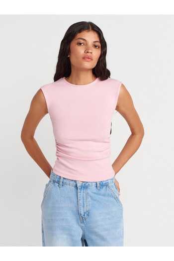 Dilvin 21054 Shirred Basic T-Shirt-Powder Pink