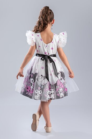 Minik Dolap Kuromi and My Melody Patterned Black Tulle Girls Party Dress - White