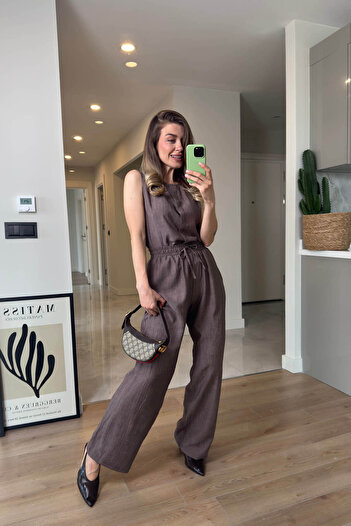 Sue Store Brown Zero Sleeve Buttoned Front Loose Wide Leg Blouse Pants Set