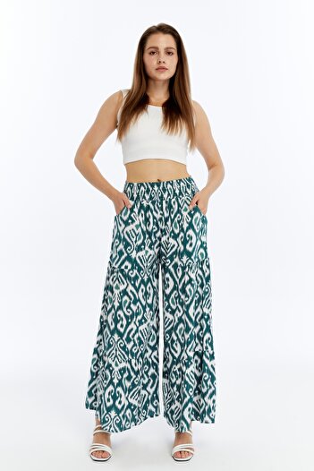 ESPOİRPLUS Women's Petroleum Green Patterned Gathered Lycra Woven Trouser Skirt
