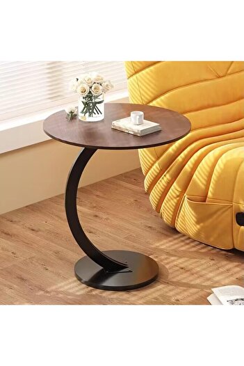 SKY TOUCH SKY-TOUCH C Shaped End Table: Couch Side Table with Metal Frame Round Wood Tray Table Walnut & Black