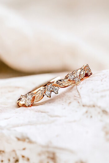 My Diamond Yaprak Tasarım Pırlantalı Altın Alyans Yüzük