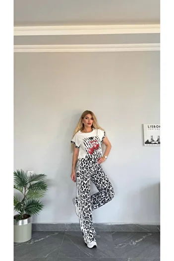 Bella Belluci New Season Cherry Patterned Leopard Detailed Top and Bottom Set