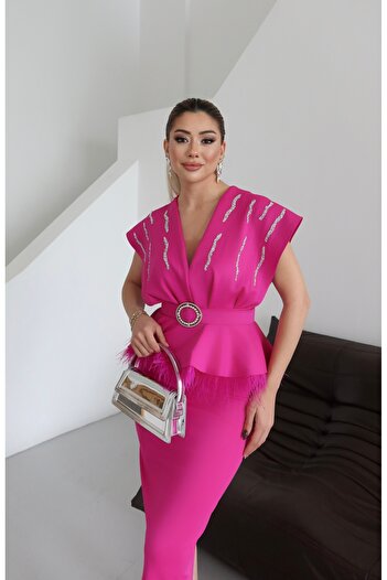 1Moda1Tarz Kadın İthal Kumaş Kemer Detay Özel Tasarım Astarlı Midi Elbise