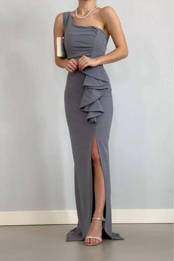 Deafox Gray One Shoulder Imported Crepe Fabric Flounce Evening Dress