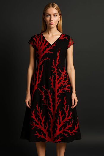 enmodaiçgiyim Black Red Viscose Fabric Picasso Patterned Women's Dress