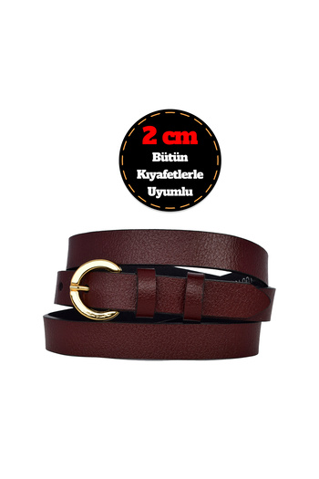 GoDeri 100% Genuine Leather, Thin 2 cm Claret Red Women's Belt with Gold Color Buckle; Dress, Pants Belt_Kilidi